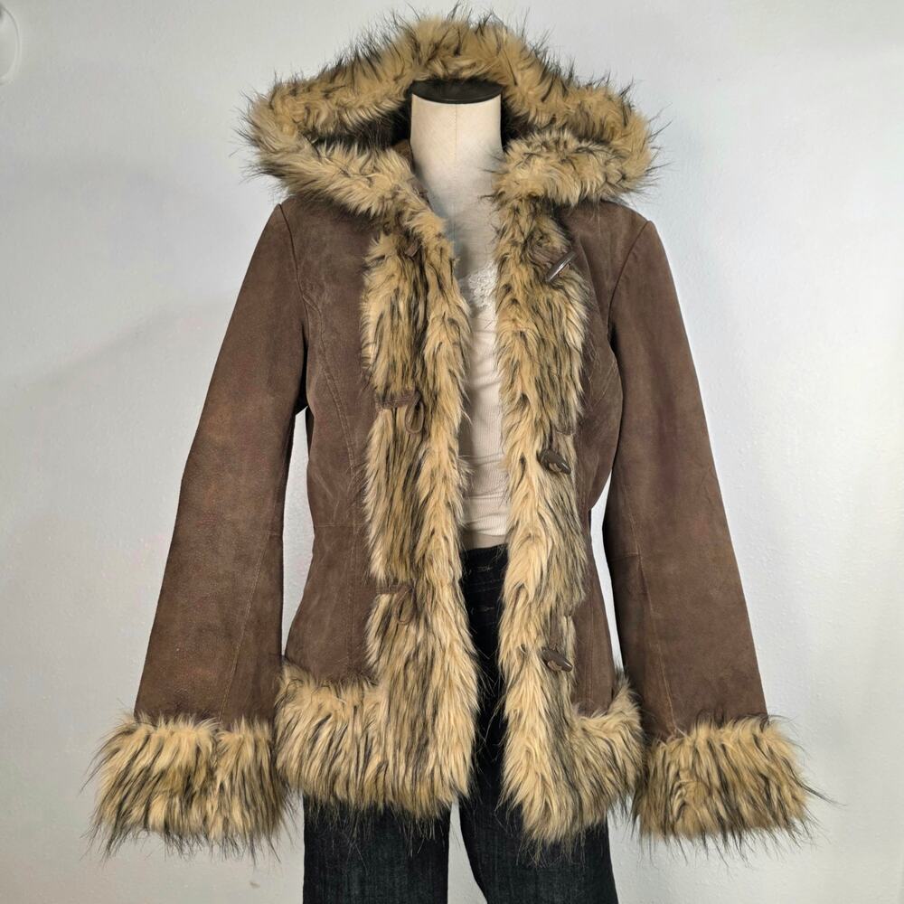 Y2K Penny Lane Coat Suede Brown Faux Fur Size Large B.B. Dakota Boho Hood